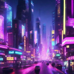 A neon-lit cyberpunk cityscape at night, brimming with towering skyscrapers, intricate digital billboards, and endless networks of hovering traffic.