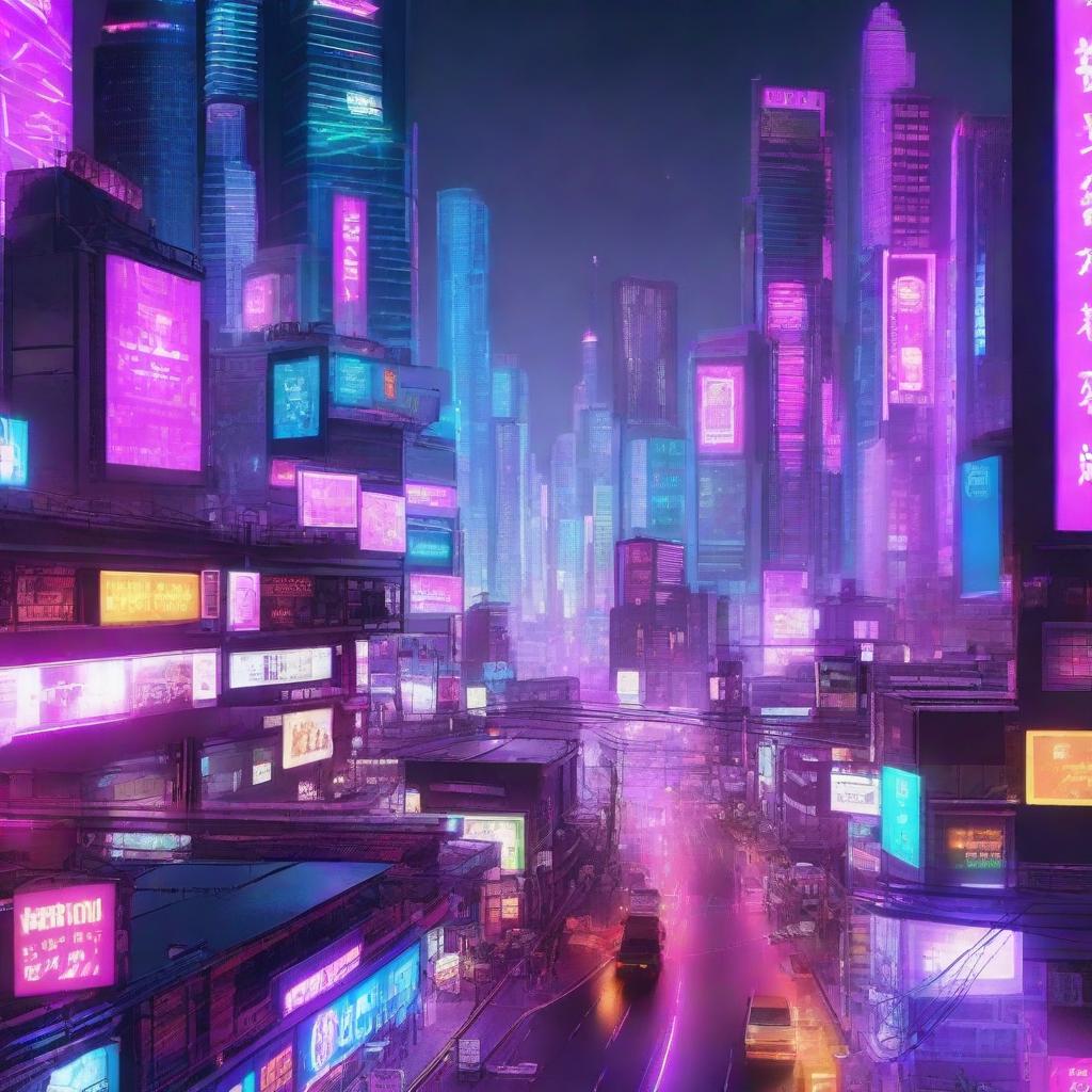 A neon-lit cyberpunk cityscape at night, brimming with towering skyscrapers, intricate digital billboards, and endless networks of hovering traffic.