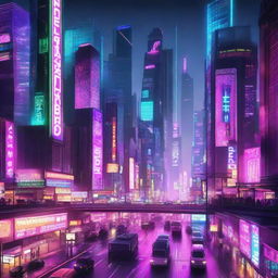 A neon-lit cyberpunk cityscape at night, brimming with towering skyscrapers, intricate digital billboards, and endless networks of hovering traffic.