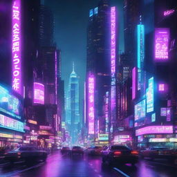 A neon-lit cyberpunk cityscape at night, brimming with towering skyscrapers, intricate digital billboards, and endless networks of hovering traffic.