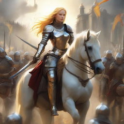 A brave female knight, clad in armor, seated on a horse with a sword and bow in hand. Her golden hair as radiant as the sun. She stands resolute facing an army of soldiers, showcasing her combat and war prowess.