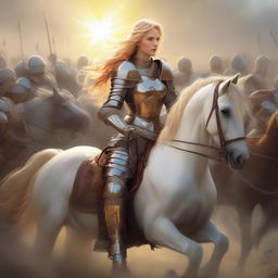 A brave female knight, clad in armor, seated on a horse with a sword and bow in hand. Her golden hair as radiant as the sun. She stands resolute facing an army of soldiers, showcasing her combat and war prowess.