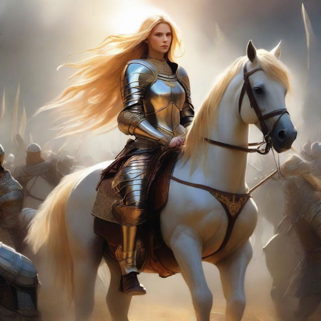 A brave female knight, clad in armor, seated on a horse with a sword and bow in hand. Her golden hair as radiant as the sun. She stands resolute facing an army of soldiers, showcasing her combat and war prowess.