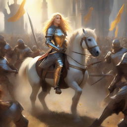 A brave female knight, clad in armor, seated on a horse with a sword and bow in hand. Her golden hair as radiant as the sun. She stands resolute facing an army of soldiers, showcasing her combat and war prowess.