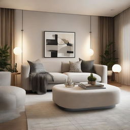 A contemporary style room with soft, ambient lighting, stylish furniture, and a few tasteful pieces of decor.