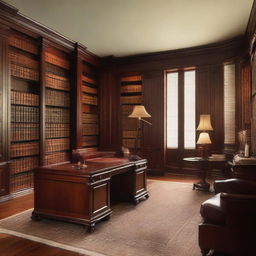 A sophisticated man's room featuring a mahogany desk, high-back leather chair, floor-to-ceiling bookshelves filled with classic literature, and ambient lighting.