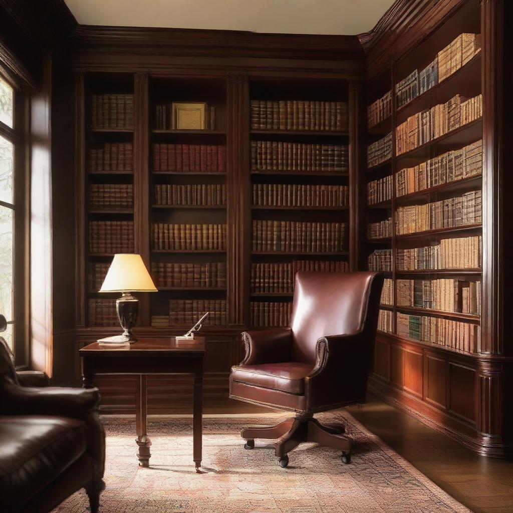 A sophisticated man's room featuring a mahogany desk, high-back leather chair, floor-to-ceiling bookshelves filled with classic literature, and ambient lighting.