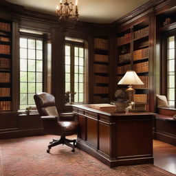 A sophisticated man's room featuring a mahogany desk, high-back leather chair, floor-to-ceiling bookshelves filled with classic literature, and ambient lighting.