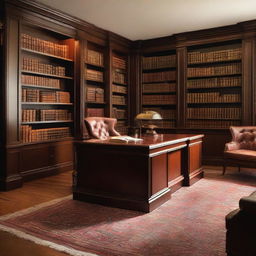 A sophisticated man's room featuring a mahogany desk, high-back leather chair, floor-to-ceiling bookshelves filled with classic literature, and ambient lighting.