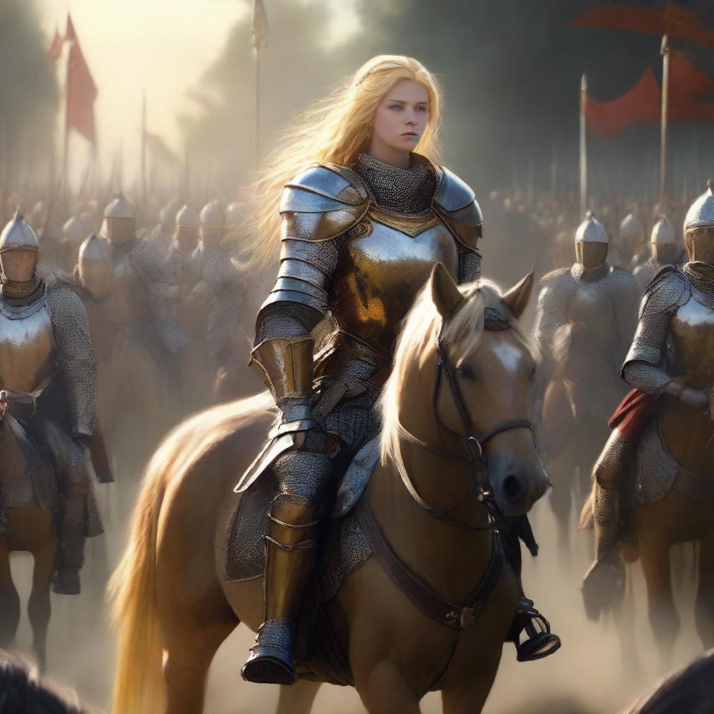 Image of a gallant female knight, donned in armor, on horseback to the left. Her sun-gold hair is visible under her helmet. Equipped with sword and bow, she stands alone, facing an army of soldiers on the right.