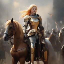 Image of a gallant female knight, donned in armor, on horseback to the left. Her sun-gold hair is visible under her helmet. Equipped with sword and bow, she stands alone, facing an army of soldiers on the right.