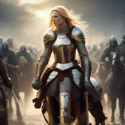 Image of a gallant female knight, donned in armor, on horseback to the left. Her sun-gold hair is visible under her helmet. Equipped with sword and bow, she stands alone, facing an army of soldiers on the right.