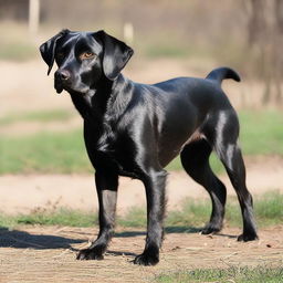 A black dog with distinct brown paws and snout, a curled tail and slightly long ears.