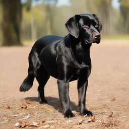 A black dog with distinct brown paws and snout, a curled tail and slightly long ears.