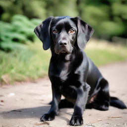 A black dog with distinct brown paws and snout, a curled tail and slightly long ears.