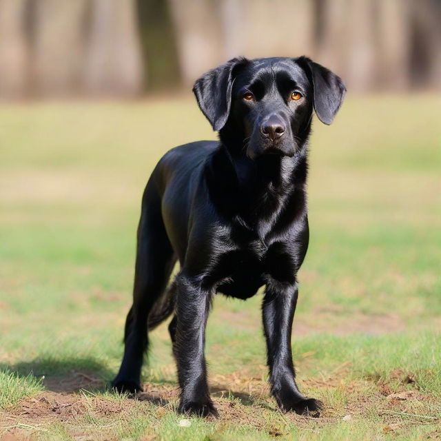 A black dog with distinct brown paws and snout, a curled tail and slightly long ears.