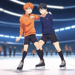 3D animation of two characters from the Haikyuu anime, Hinata and Kageyama, ice skating together in a loving dance. Kageyama is muscular while Hinata is thinner and shorter. The setting is in a studio at night with no other people around