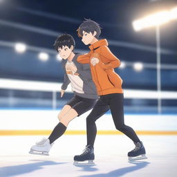 3D animation of two characters from the Haikyuu anime, Hinata and Kageyama, ice skating together in a loving dance. Kageyama is muscular while Hinata is thinner and shorter. The setting is in a studio at night with no other people around