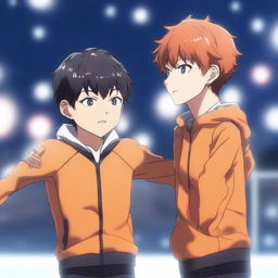 3D animation of two characters from the Haikyuu anime, Hinata and Kageyama, ice skating together in a loving dance. Kageyama is muscular while Hinata is thinner and shorter. The setting is in a studio at night with no other people around