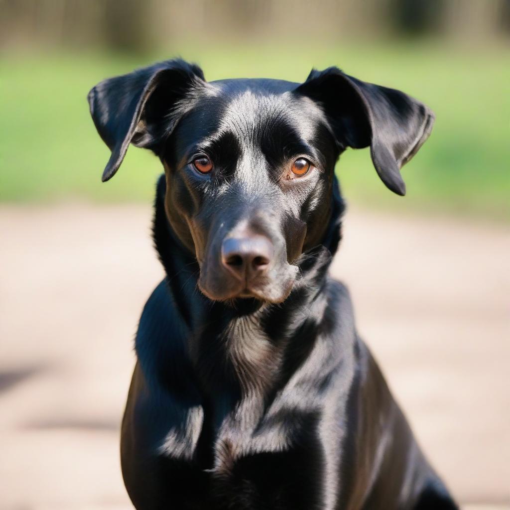 A black dog with noticeably brown paws, snout, and long ears. Its tail is playfully curled.