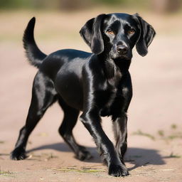 A black dog with noticeably brown paws, snout, and long ears. Its tail is playfully curled.