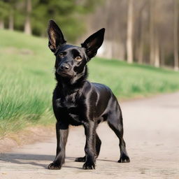 A black dog with noticeably brown paws, snout, and long ears. Its tail is playfully curled.