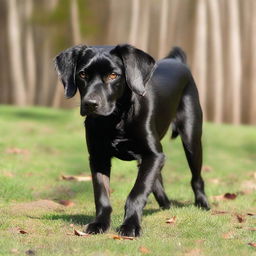 A black dog with noticeably brown paws, snout, and long ears. Its tail is playfully curled.