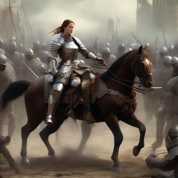 A courageous female knight on horseback, clad in armor with a sword and bow, faces off against a male knight on the left side of the scene. She's isolated on the right, with an army of soldiers positioned behind her adversary.