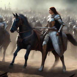 A courageous female knight on horseback, clad in armor with a sword and bow, faces off against a male knight on the left side of the scene. She's isolated on the right, with an army of soldiers positioned behind her adversary.