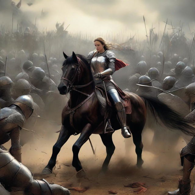 A courageous female knight on horseback, clad in armor with a sword and bow, faces off against a male knight on the left side of the scene. She's isolated on the right, with an army of soldiers positioned behind her adversary.