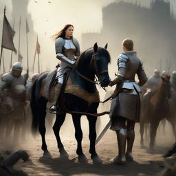 A courageous female knight on horseback, clad in armor with a sword and bow, faces off against a male knight on the left side of the scene. She's isolated on the right, with an army of soldiers positioned behind her adversary.