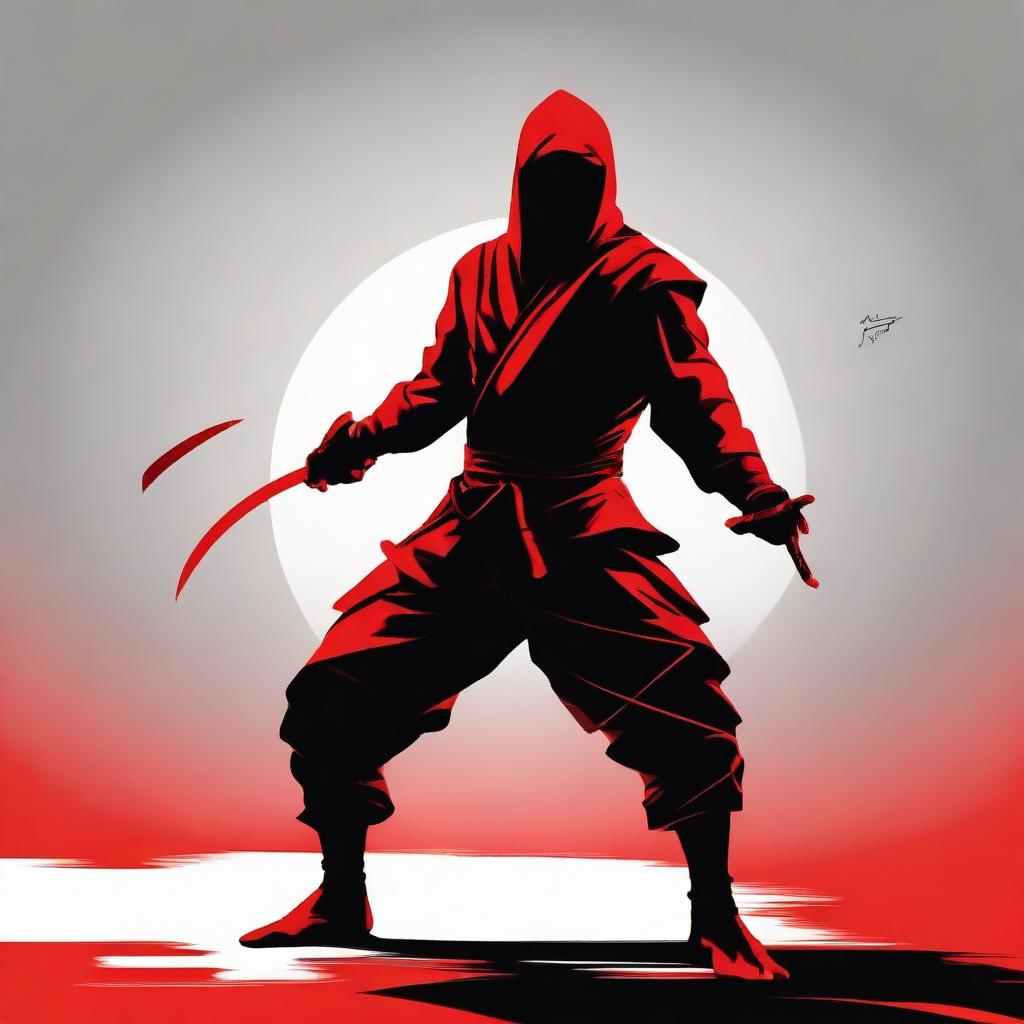 A cinematic vector illustration featuring a red ninja posed dramatically with a high contrast, film-like lighting.