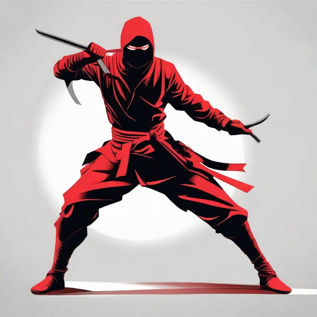 A cinematic vector illustration featuring a red ninja posed dramatically with a high contrast, film-like lighting.