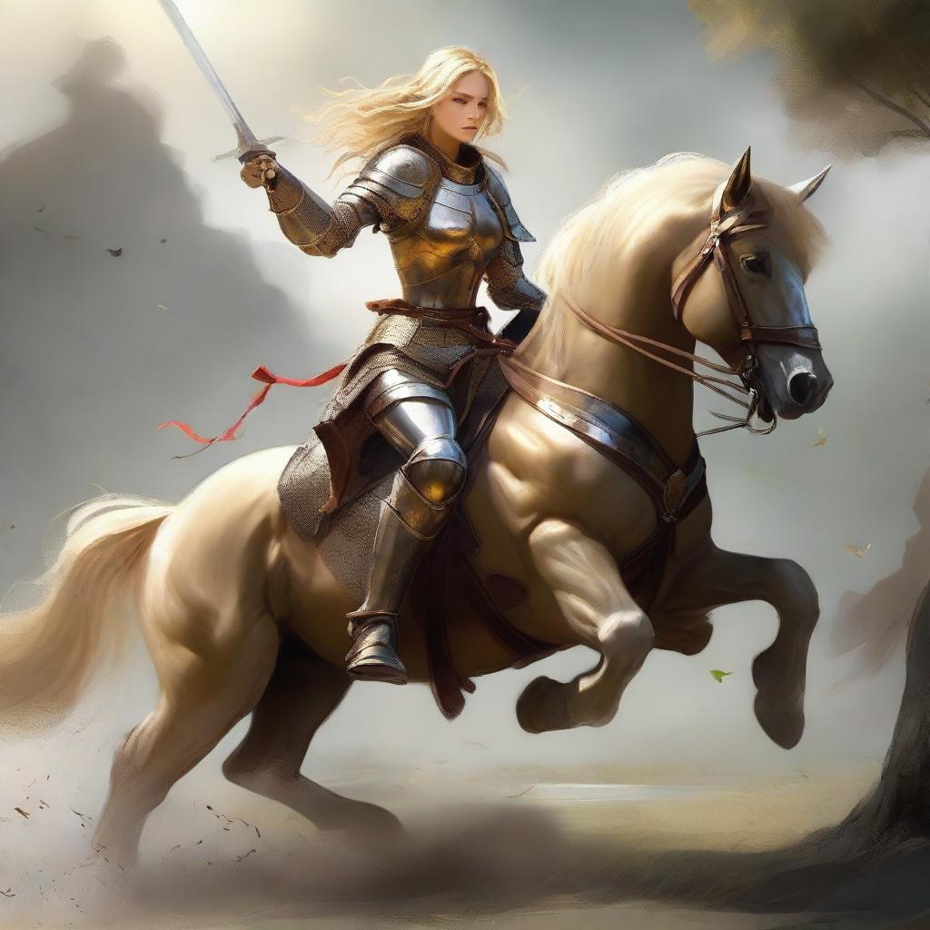 A golden-haired female knight showcasing combat skills atop a horse. Despite her ripped armor in the front, she battles bravely holding a sword and a bow against a male knight. Her armor belted at the waist and a helmet signify her toughness.