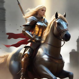 A golden-haired female knight showcasing combat skills atop a horse. Despite her ripped armor in the front, she battles bravely holding a sword and a bow against a male knight. Her armor belted at the waist and a helmet signify her toughness.