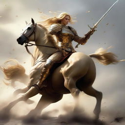 A golden-haired female knight showcasing combat skills atop a horse. Despite her ripped armor in the front, she battles bravely holding a sword and a bow against a male knight. Her armor belted at the waist and a helmet signify her toughness.