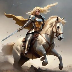 A golden-haired female knight showcasing combat skills atop a horse. Despite her ripped armor in the front, she battles bravely holding a sword and a bow against a male knight. Her armor belted at the waist and a helmet signify her toughness.