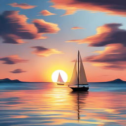 A summer night's dream depicting a glorious sunset over an unending ocean with a small sailboat navigating the calm waters.