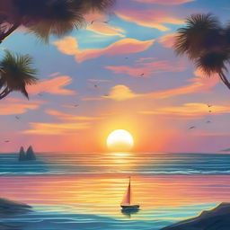 A summer night's dream depicting a glorious sunset over an unending ocean with a small sailboat navigating the calm waters.