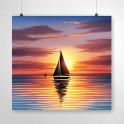 A summer night's dream depicting a glorious sunset over an unending ocean with a small sailboat navigating the calm waters.