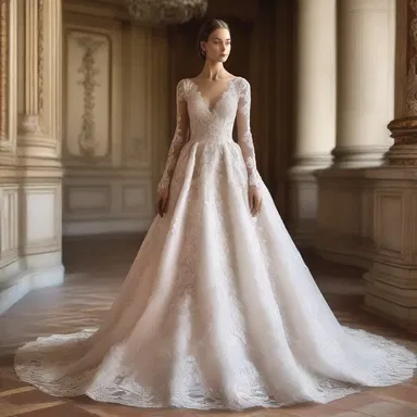 The designer created an exquisite gown, adorned with intricate lace and delicate embroidery.