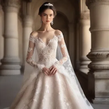 The designer created an exquisite gown, adorned with intricate lace and delicate embroidery.