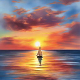 A summer night's dream depicting a glorious sunset over an unending ocean with a small sailboat navigating the calm waters.