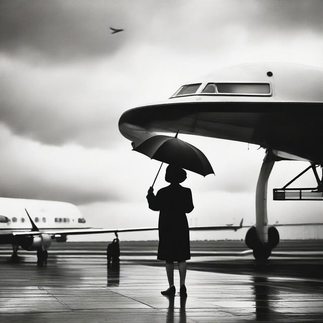 A woman standing beneath an umbrella with a passenger airplane descending dramatically in the background