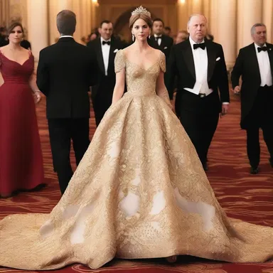 The princess was draped in an exquisite gown, adorned with intricate golden embroidery and sparkling gems.