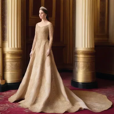 The princess was draped in an exquisite gown, adorned with intricate golden embroidery and sparkling gems.