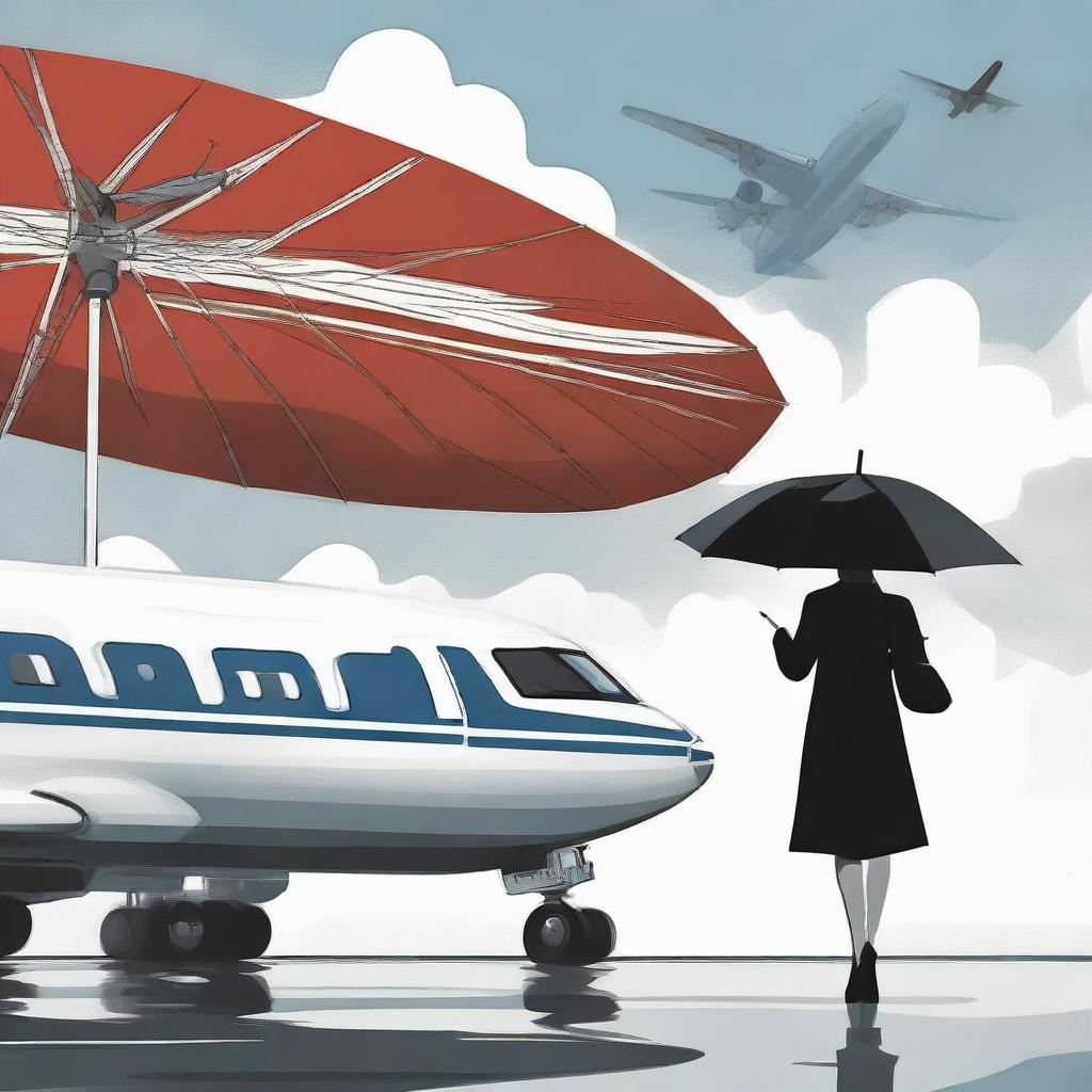 A woman standing beneath an umbrella with a passenger airplane descending dramatically in the background