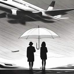 A woman standing beneath an umbrella with a passenger airplane descending dramatically in the background