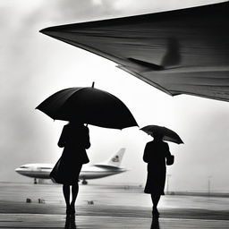 A woman standing beneath an umbrella with a passenger airplane descending dramatically in the background