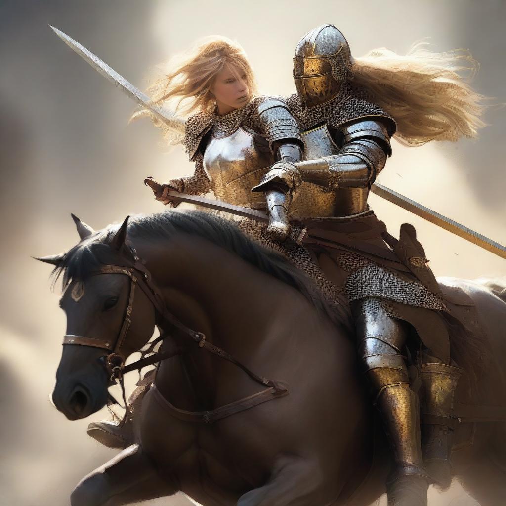 An intense duel between a golden-haired female knight in ripped front armor, atop a horse, and a male warrior. They're battling up close with swords and bows, her valor marked by her neatly belted armor and protective helmet.